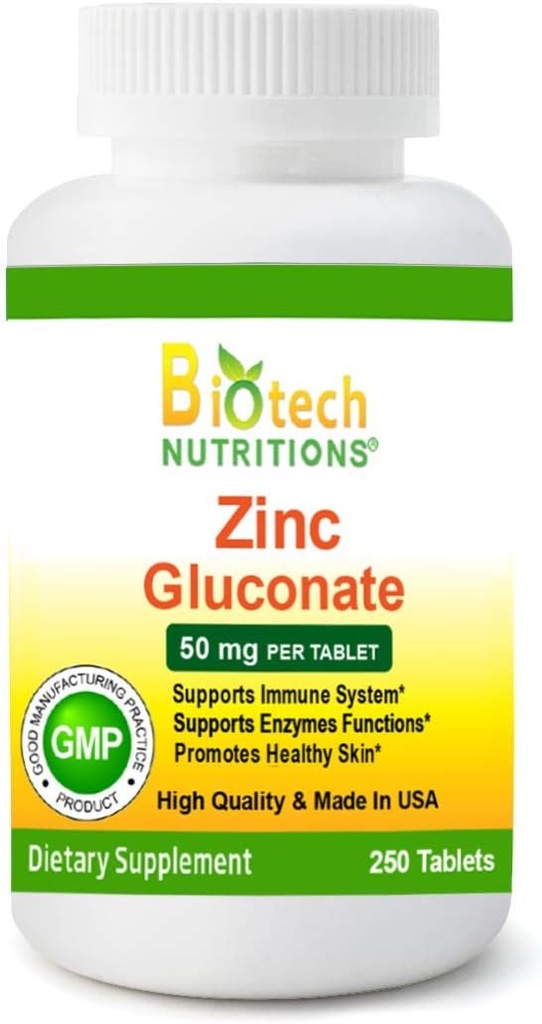 Gluconate de zinc 50 mg 250 comprimés fabriqués aux États-Unis Gluconate de zinc végétarien/végétalien