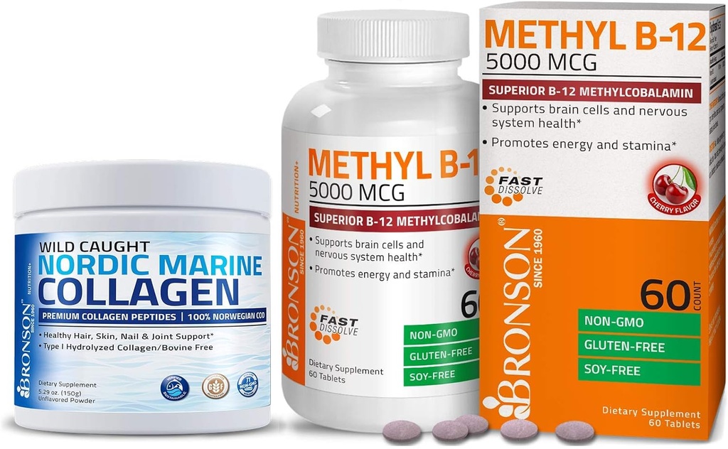Bronson Peptides de collagène marin Poudre hydrolysée de protéines + méthyl B12 5000 mcg Vitamine B12 méthylcobalamine