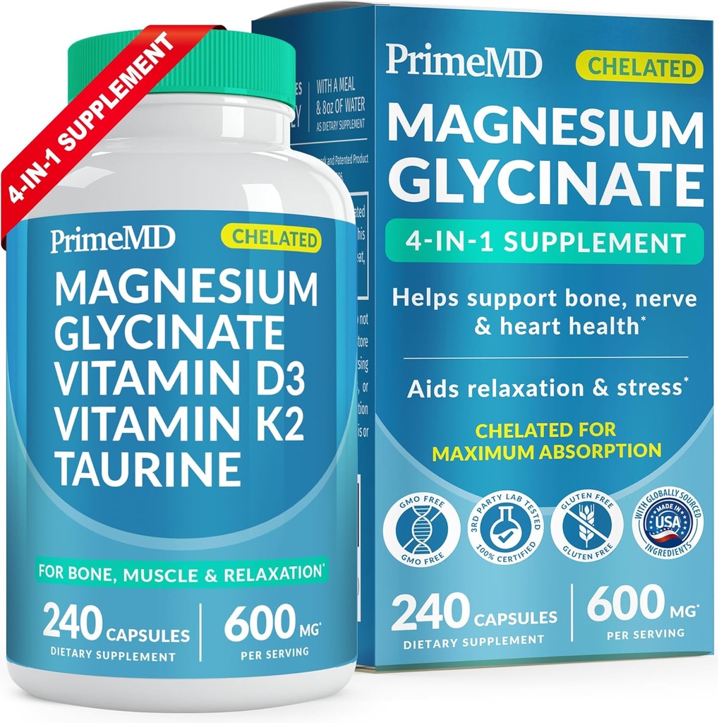 4-en-1 Glycinat de magnésium chélaté 500mg avec Taurine - Citrate de magnésium pour les os, les muscles et la relaxation - Glycinat de magnésium avec vitamine D3 K2 - Sans OGM et sans gluten (240 ct)