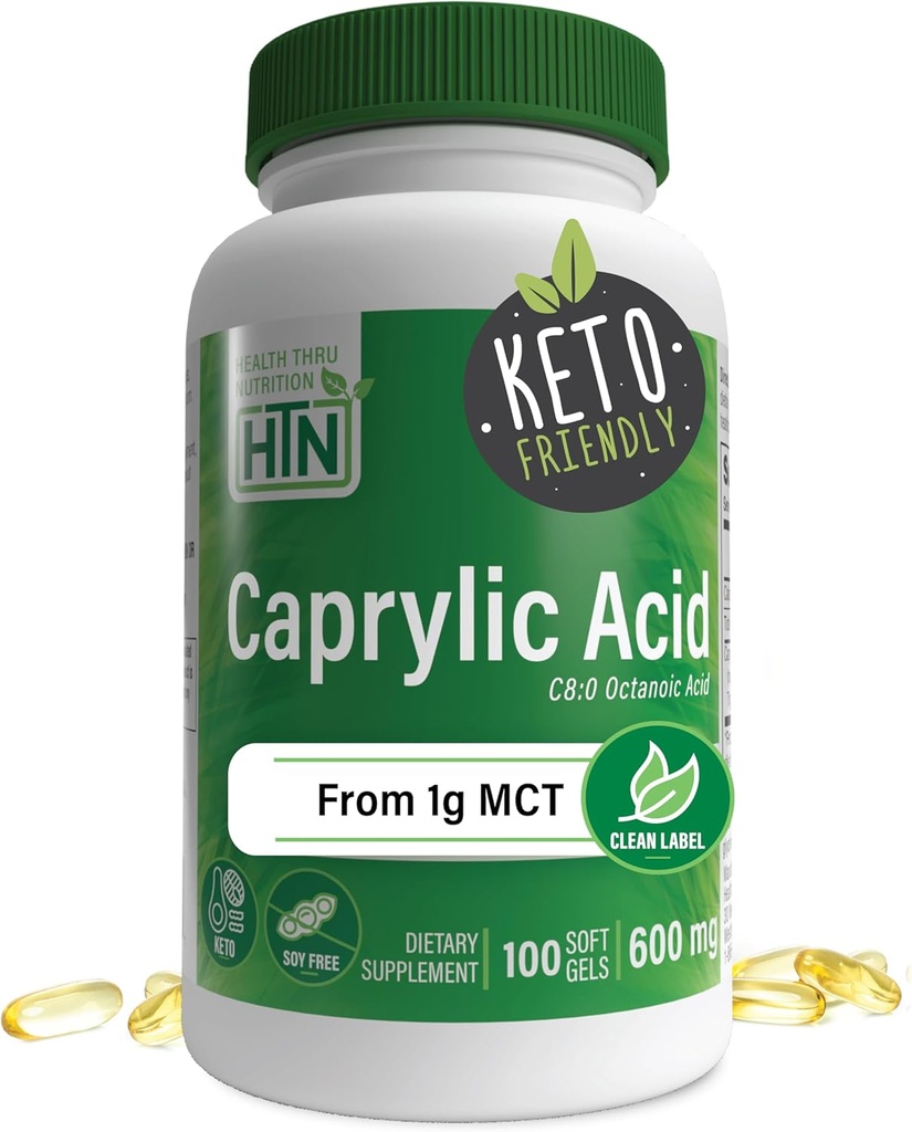 Santé Thru Nutrition Acide caprylique 600mg 100 Softgels ► C8 Acid octanoïque de l'huile de 1g de MCT pure sans OGM et sans soya, soutenir la santé digestive et intestinale saine