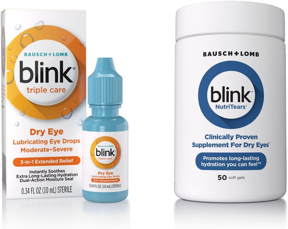 Blink gouttes oculaires pour les yeux secs, triple soin gouttes oculaires lubrifiantes, instantanément apaisant, hydratant + Blink NutriTears cliniquement prouvé supplément pour les yeux secs, 50 Softgels