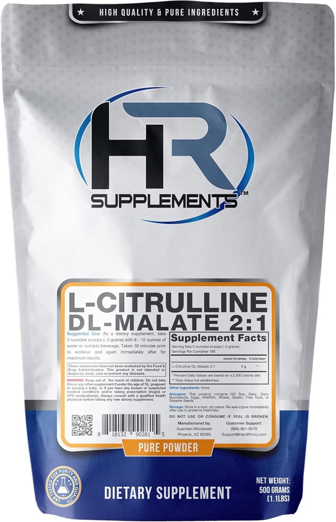 Suppléments RH L-Citrulline DL-Malate 2:1 Poudre, 500 grammes (1,1 lb), Non aromatisé, testé en laboratoire, Scoop inclus