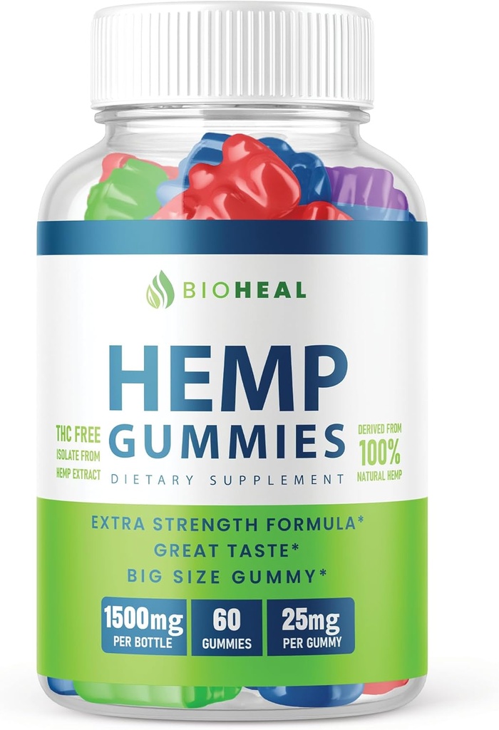 Gommies BioHeal - Formule Officielle - Gommies BioHeal avec Extrait de chanvre Performance Extra Strength Mélange de chanvre, Grand Goût, Gommy Bio Heal Grande Taille, Nouveau 2023 1500mg Par Bouteille Nouveau 2023 (60 Gommies)