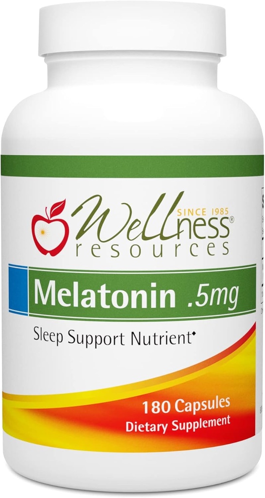 Wellness Resources 0.5mg Melatonin Capsules - Supplément de soutien de sommeil naturel - Aide au sommeil sans gluten, Sans réserve, Testé par une tierce partie, Sans sucre ajouté, 180 capsules