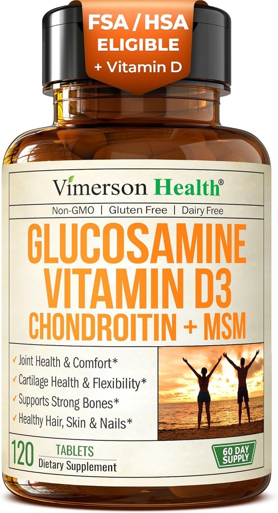 Glucosamine Chondroïtine avec vitamine D3 2000UI – Suppléments articulaires éligibles pour les hommes et les femmes – Santé articulaire, ongles cutanés, santé osseuse et confort avec MSM, Vit D, Bromelain & Boswellia – 120 onglets