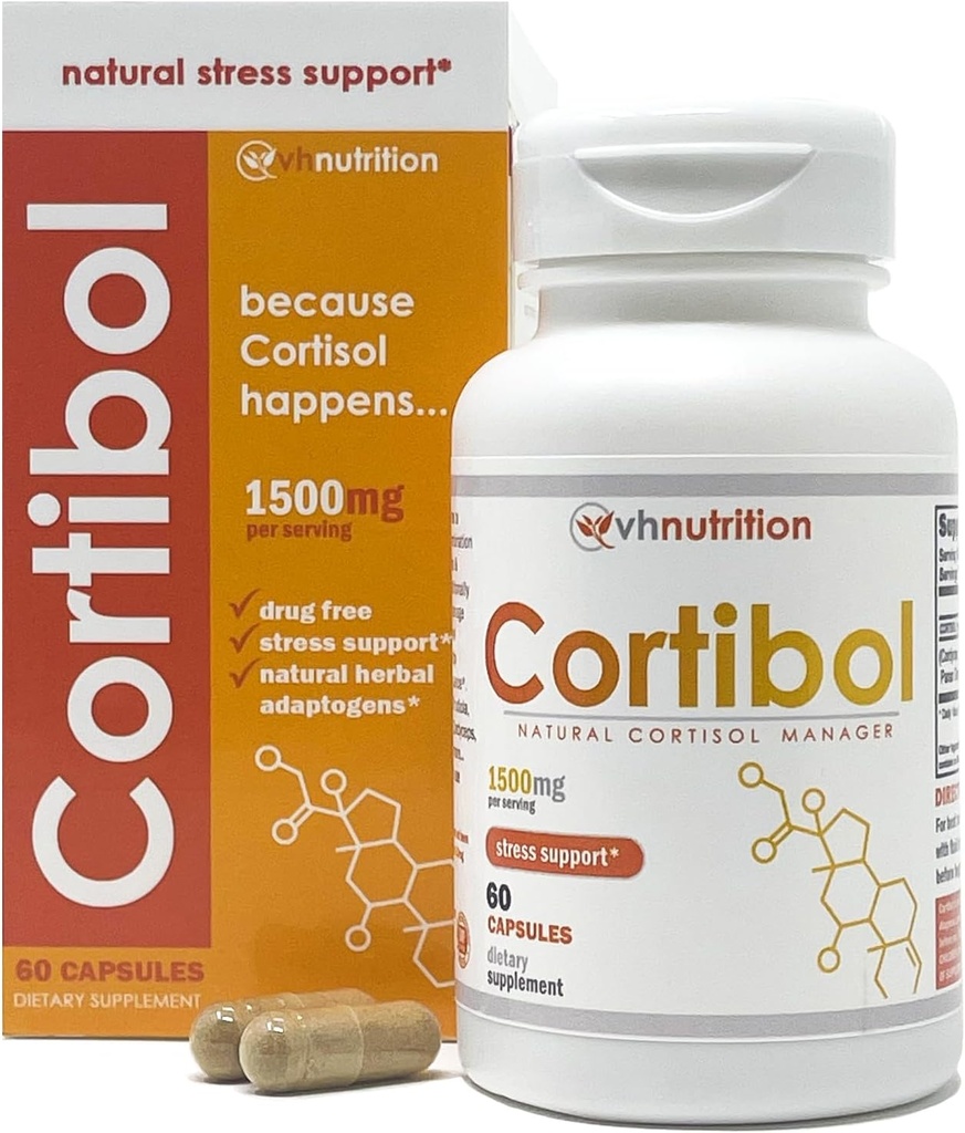VH Nutrition CORTIBOL de Cortisol Gestionnaire* Supplément de Cortisol Résistance maximale Soutien adrénal* pour hommes et femmes de Rhodiola, Cordyceps et Eleuthero de 60 capsules