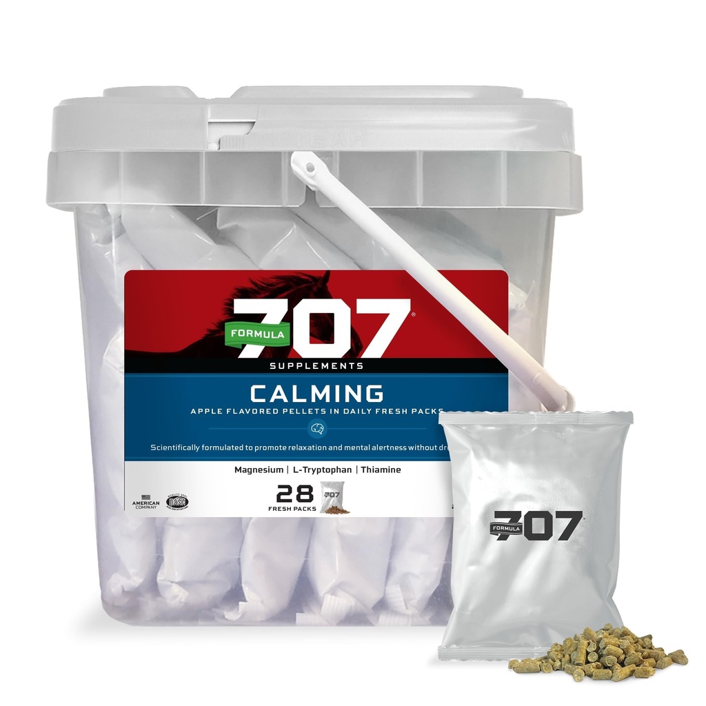 Formule 707 Supplément équine calmant, emballages frais quotidiens – soulagement de l'anxiété et accent amélioré pour les chevaux – L-Tryptophane, Thiamine et Magnésium