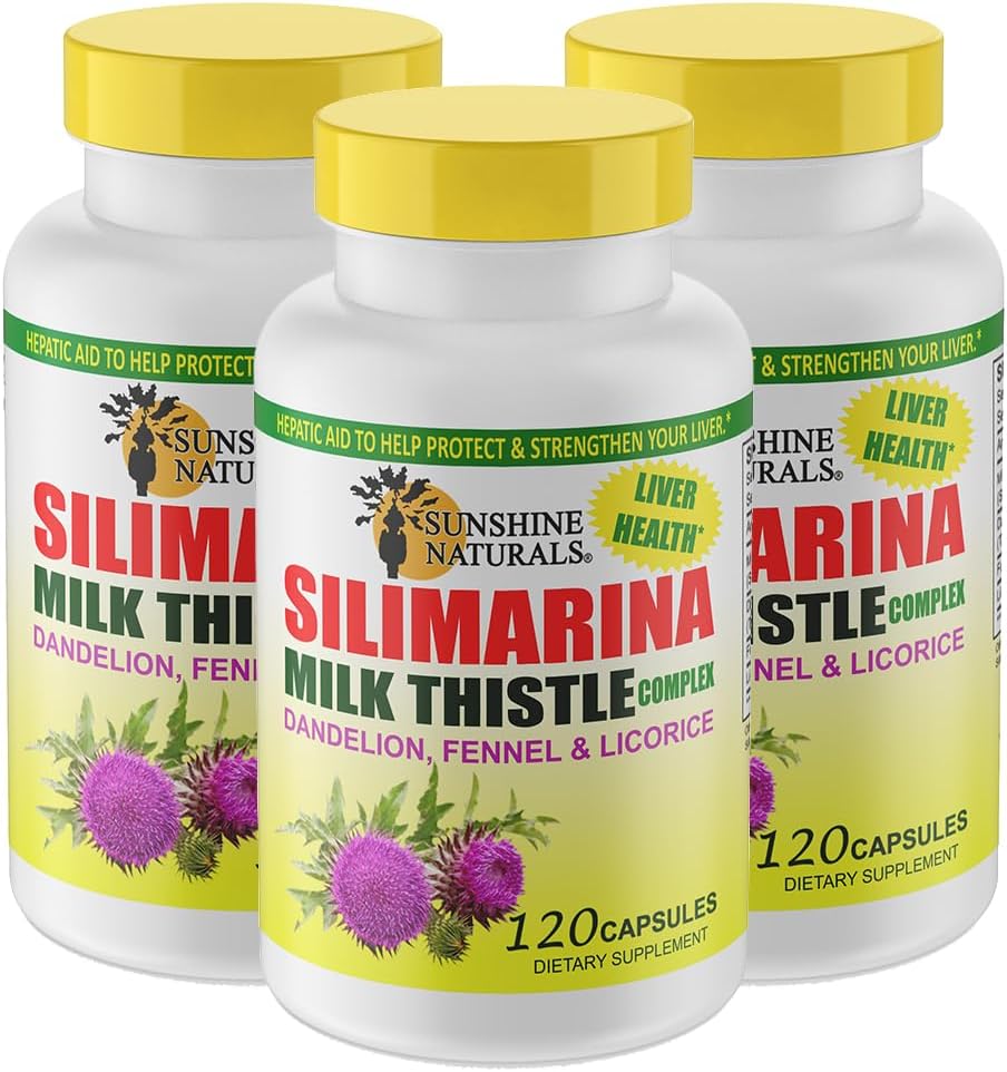 Sunshine Naturals Complexe du chardon au lait. Soutien à la santé du foie, désintoxication, défense antioxydante et amélioration de la fonction naturelle du foie. Favorise la santé digestive. 600 mg. 120 Capsules. Boîte de 3.