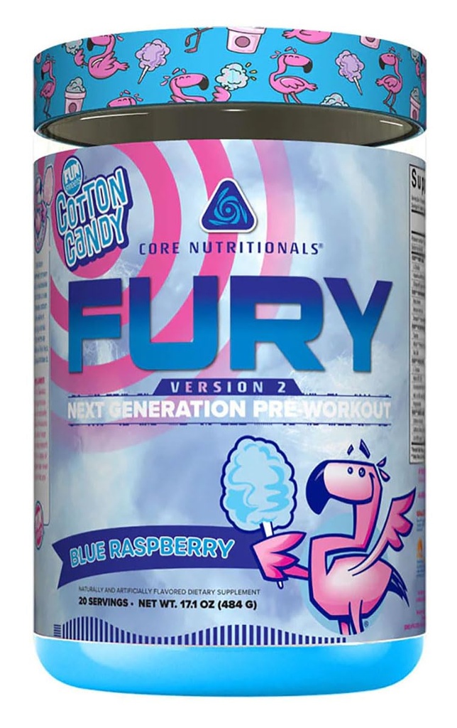 Noyau nutritif Fury V2 : Poudre de pré-entraînement pour maximiser les performances dans la caféine W/Zum-XR®, la L-CItruline et l'Alpha GPC (40 scoops) (Fun SweetsTM Blue Raspberry)