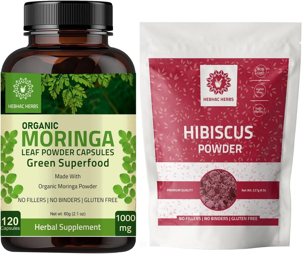 Organic Moringa Capsules 120 Capsules 1000mg Hibiscus Powder 227g