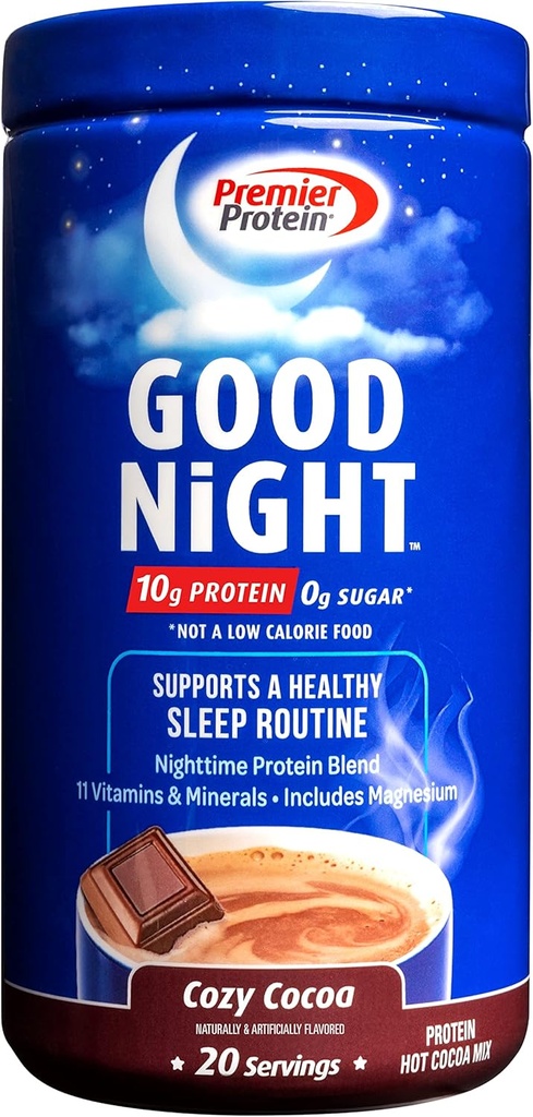 Premier Protéines Bonne Poudre de protéines de nuit, Mélange de cacao chaud, 10g Protéines, 0g Sucre, 11 Vitamines et minéraux, Mélange de protéines de nuit, Magnésium, Zinc, 20 Servir, 1 Tub
