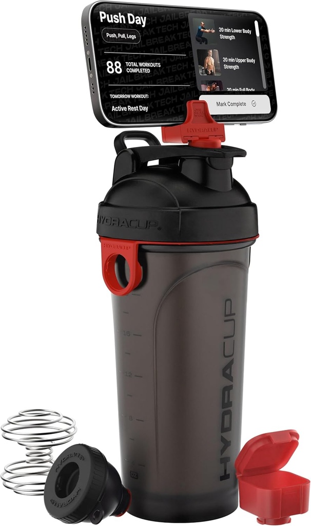Coupe Hydra JailBouteille de shaker de 28 oz pour les shakes protéiques, Bouteille de shaker avec poignée et mélangeur de boules, Coupe de shaker avec support de téléphone pour votre voiture, Voyage pour aller, sans BPA (noir/rouge)