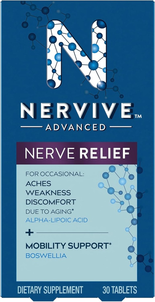 Nervive Advanced Nerve Relief + Mobilité, avec acide alpha lipoïque pour aider à réduire les douleurs, la faiblesse et le malaise nerveux*† et Boswellia pour promouvoir la mobilité*, vitamines B12,B6,B1, 30 comprimés