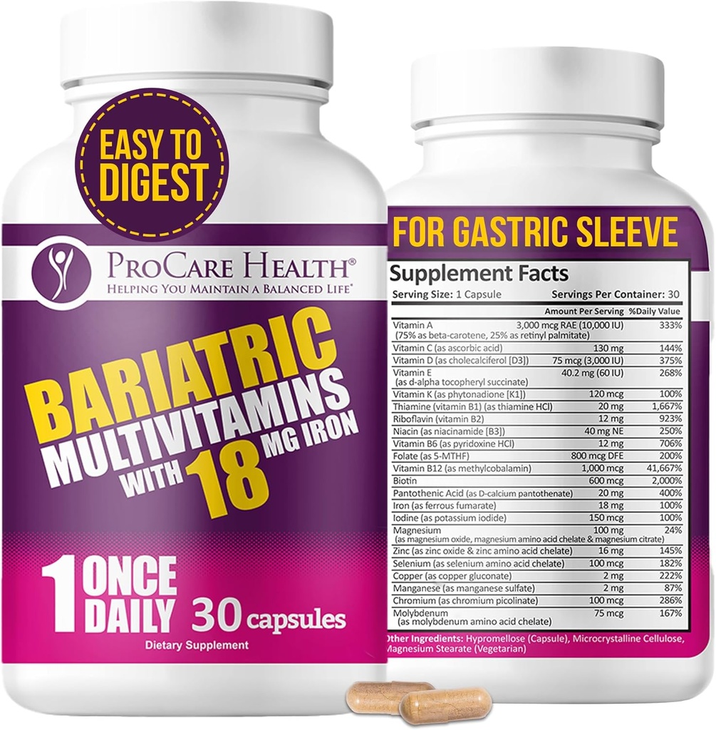 ProCare Health Multivitamine bariatrique avec fer 18mg (30 capsules faciles à avaler) - Vitamines bariatriques post-op pour les pilules de dérivation gastrique - Doit avoir pour les patients à manches (1 mois d'approvisionnement)