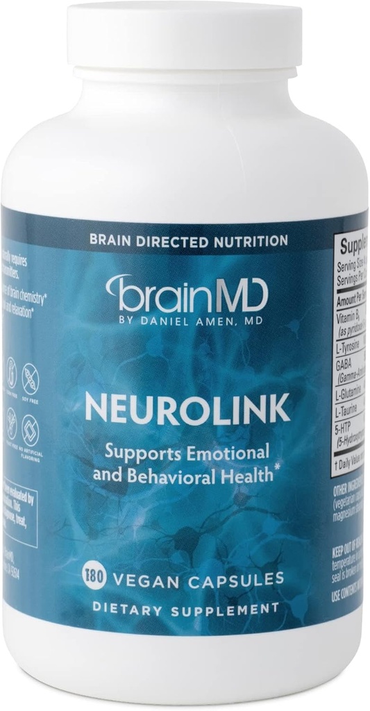 Dr Amen BrainMD NeuroLink - 180 gélules - favorise la fonction, la concentration et la concentration optimales du cerveau - Sans gluten - 45 portions