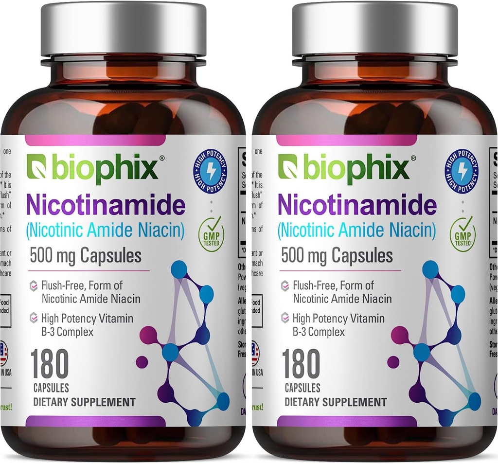 biophix B-3 Nicotinamide 500 mg 180 Caps 2 Pack - Nicotinique Amide Niacin formule de vitamine naturelle sans flush - soutient la santé des cellules de la peau