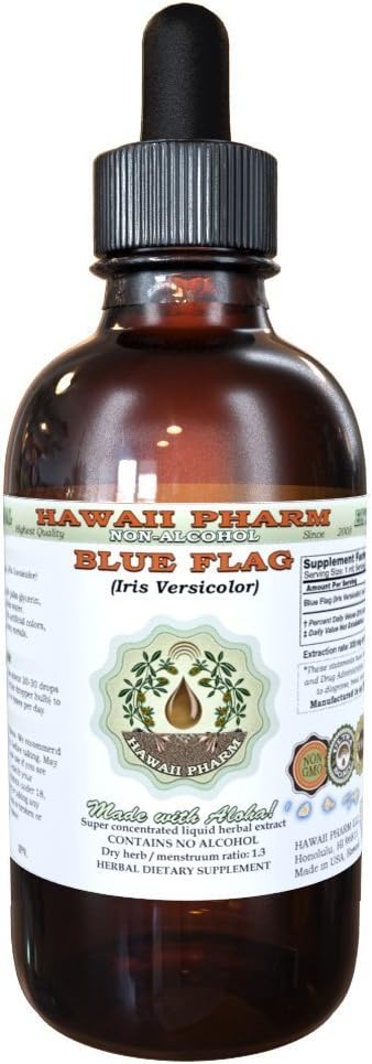 Drapeau bleu Extrait liquide sans alcool, Drapeau bleu biologique (Iris versicolor) Glycérite séchée à la racine Hawaii Pharm supplément naturel à base de plantes 2 oz