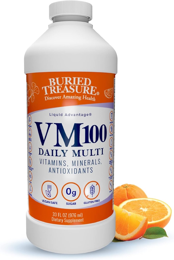Trésor enseveli VM100 Vitamines et minéraux liquides quotidiens complets et supplément antioxydants pour une absorption maximale Grande dégustation d'arôme de zeste d'orange 32 portions 32 once
