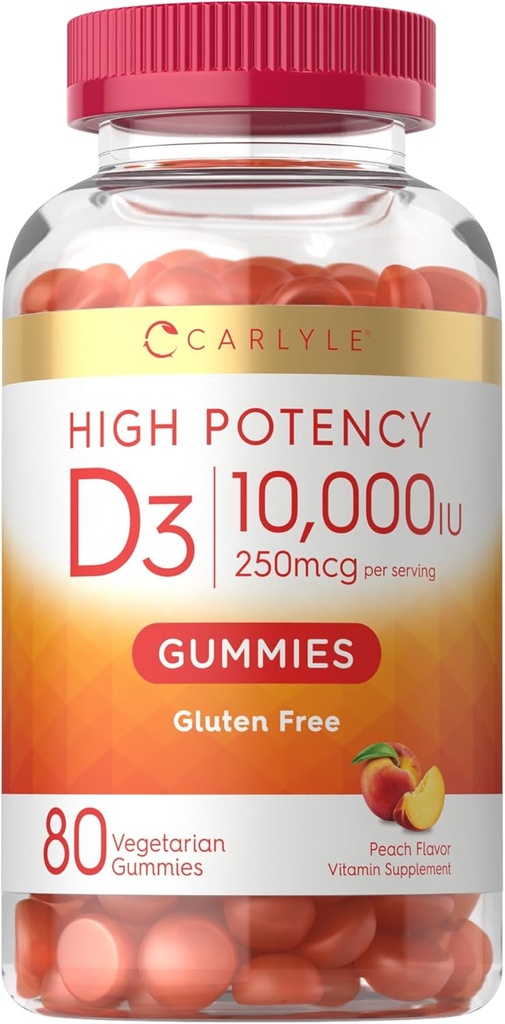Carlyle Vitamine D3 10000iu Gummies pour les adultes , 80 Comte , Peach Flavored Gummy , Haute puissance pour les femmes et les hommes , Végétarien , Non-OGM , Supplément sans gluten