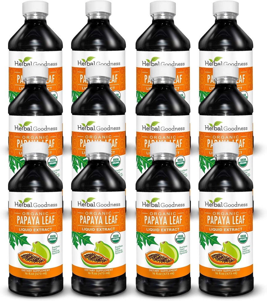 Support de plaquette de sang d'extrait de feuille de papaye - 15X Strength - Booster de plaquette naturelle et aide digestive - Extrait liquide organique - 16oz Juice - Cas Qté (12) - Bonté à base de plantes