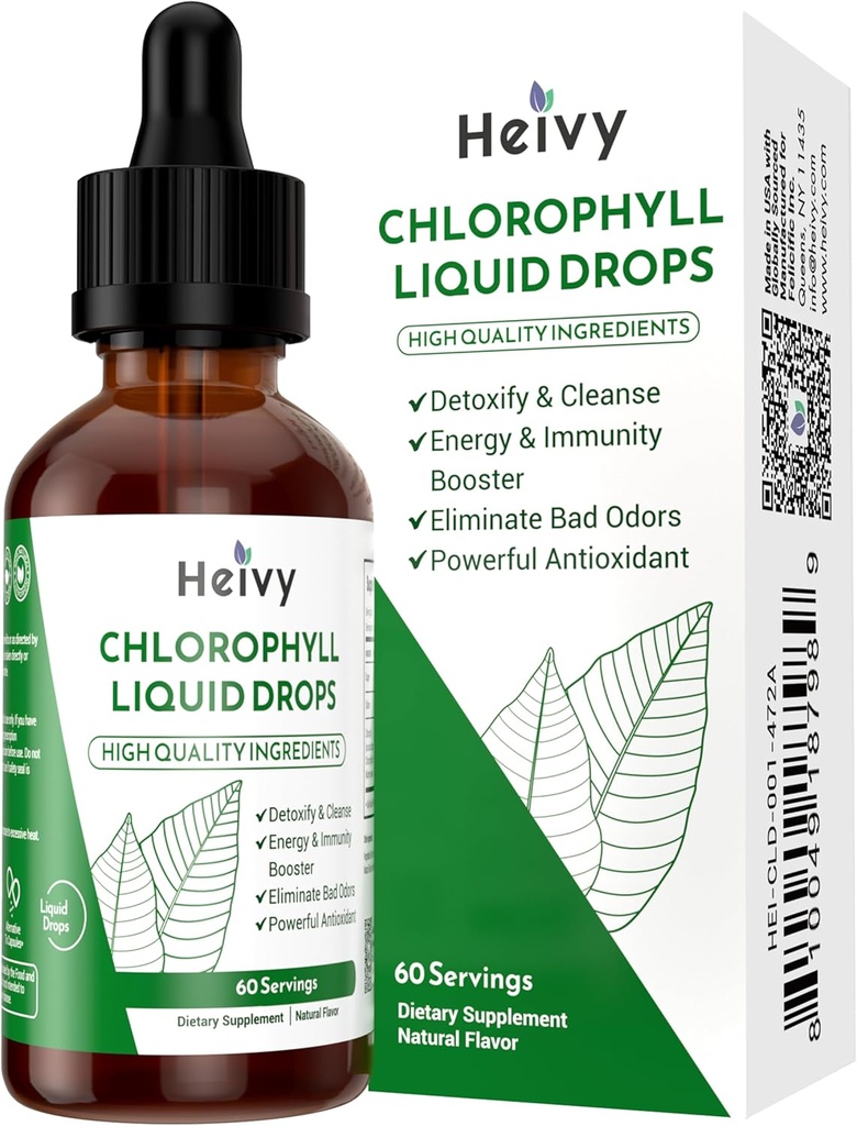 Gouttes liquides de chlorophylle Heivy, supplément de chlorophylle liquide, gouttes de chlorophylle pour désodorisant interne, peau radiante, détox, antioxydant, support immunitaire, sans gluten, aromatisant naturel - 2 FL OZ