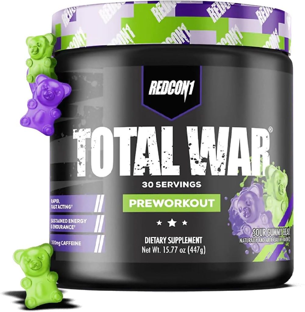 REDCON1 Total War Pre Workout, Sour Gummy Bear - Préparation rapide à la caféine pour hommes + femmes avec Beta Alanine - Contient du malate de citrulline pour une pompe accrue, flux sanguin (30 portions)