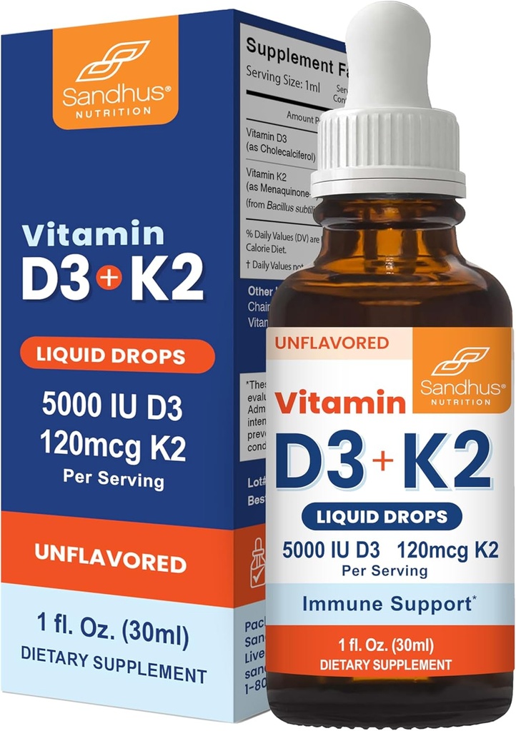 Les gouttes de vitamine D3 K2 de Sandhu pour les adultes: 5000 UI D3 liquide, 120 mcg K2 Supplément 1 Fl Oz (paquet de 1) , D3K2 soutient l'absorption supérieure, l'énergie, l'immunité, la santé musculaire pour les hommes et les femmes