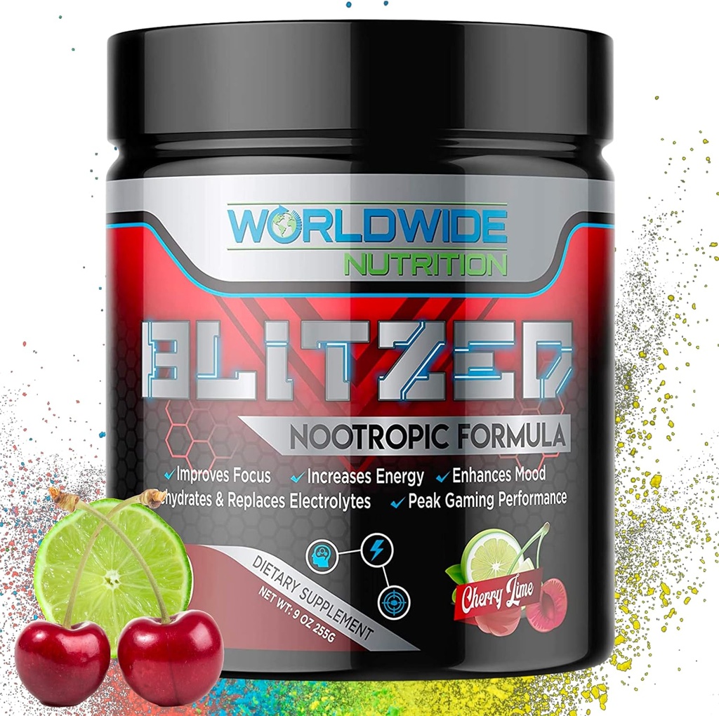 Worldwide Nutrition Blitzed Nootropic Formula - Toutes les boissons naturelles en poudre de mélange d'énergie - Suppléments Cerveau pour la mémoire et la focalisation - Suppléments d'énergie et de focus améliorés- Saveur de chéri - 30 portions