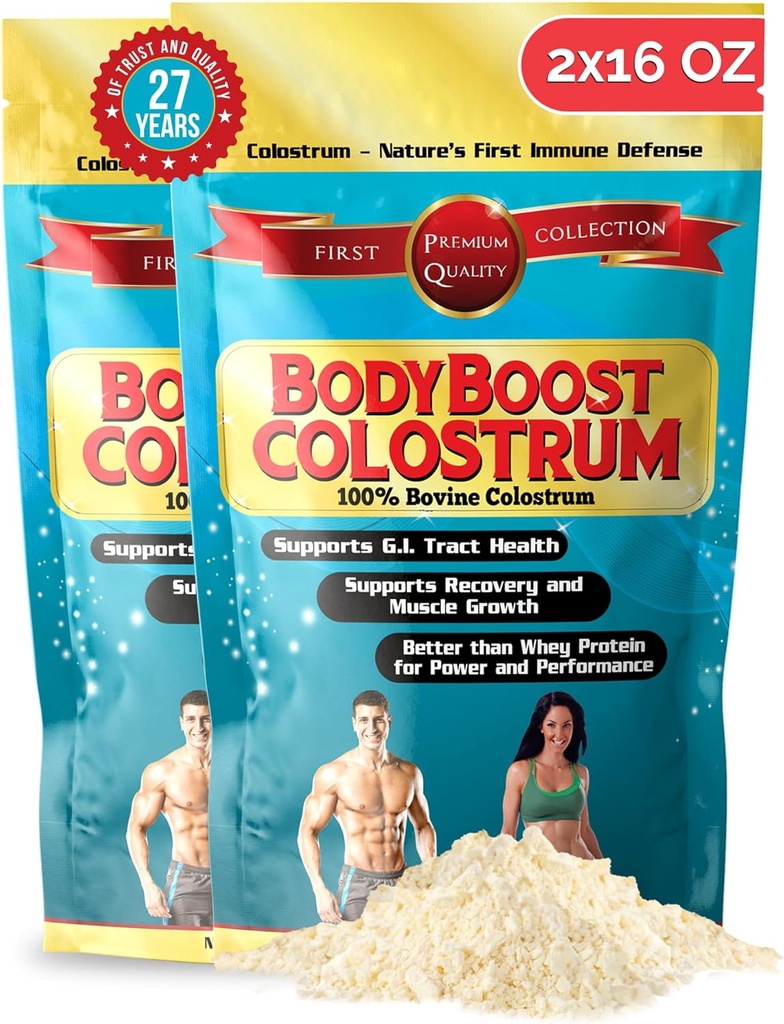 BodyBoost Colostrum entier, 100 % de poudre de colostrum bovine, supplément de booster immunitaire avec immunoglobuline et lactoferrine, colostrum herbeux, Gut Health, divers apports, 2x16 oz