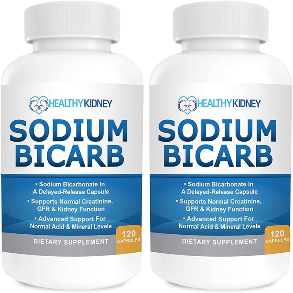 Bicarbonate de sodium 650mg Capsules de libération retardée pour soutenir la fonction rénale normale et supplément de rein. Bicarbonate de sodium pour le soulagement de l'acide, alcalinité 120 pilules 2-pack