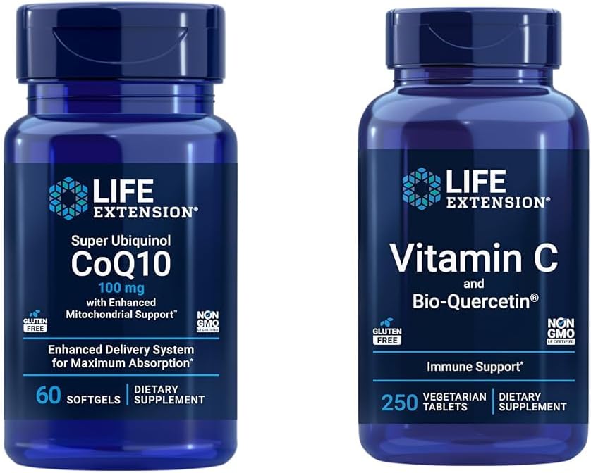 Extension de vie Super Ubiquinol CoQ10 60 Softgels et vitamine C et bio-quercétine Phytosome 250 comprimés pour le coeur, l'énergie cellulaire, l'immunité et le soutien sanitaire global