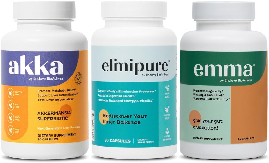 Emma Gut Health & Elimipure Gut Cleanse & Akka Liver Cleanse – 3-en-1 Detox Bundle pour l'équilibre digestif, la régularité et le soutien au métabolisme