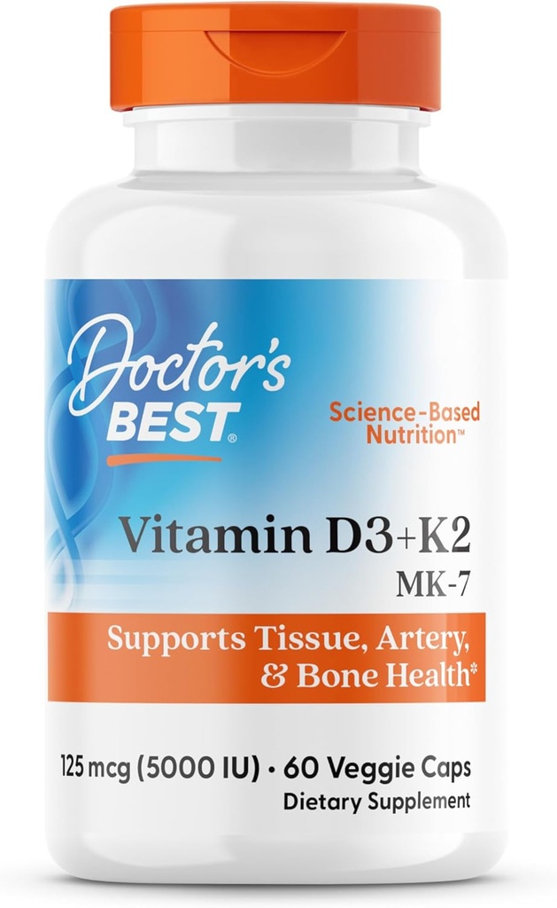 La meilleure vitamine D3 + K2 (Vitamine K2 comme MK-7) du docteur soutient la santé osseuse, tissulaire et artérielle, l'absorption de calcium • Non-OGM • Sans gluten • Végétarien, 5000 UI, 60 capsules de légumes
