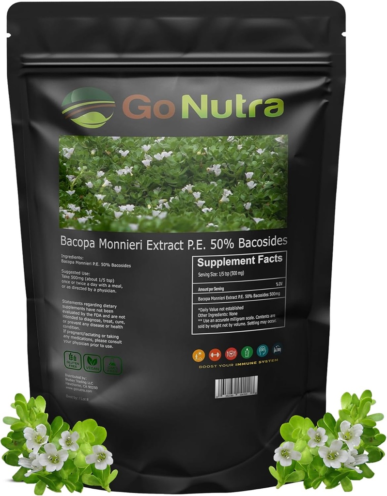 Go Nutra Bacopa Extract Poudre (Bacopa Monnieri) 50% Bacosides - Extrait à base de plantes Brahmi Supplément (4 oz.)