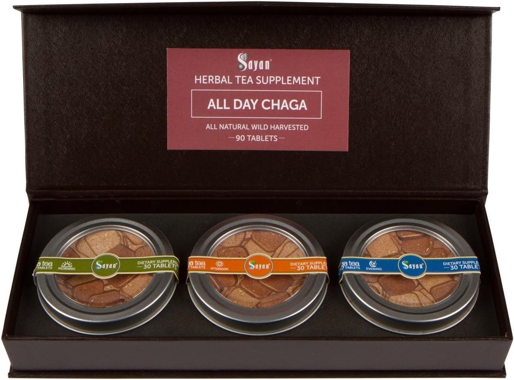 Sayan Sibérie tout au long de la journée Set instantané Chaga Mushroom Tea, Paquet de 3 comprimés quotidiens (90 Pcs) - Wild-Harvested, Premium Blend – Thé naturel antioxydant pour le soutien immunitaire, la stimulation énergétique et l'amélioration de la digestion