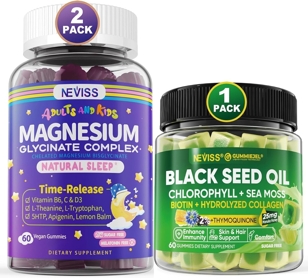 NEVISS Huile de graines noires Gummies, Chlorophylle et supplément de mousse de mer + Glycinat de magnésium Gummies pour adultes et enfants 4+