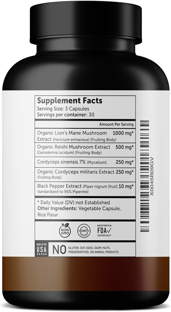 Ultra6 Nutrition Organic Lions Mane Capsules - Lions Mane Supplement with Reishi, and Cordyceps - Immune Health & Cognitive Supplement for Adults (90 Veggie Capsules)