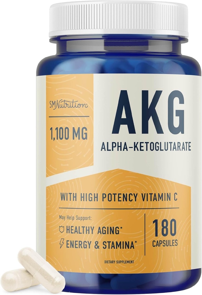 Supplément AKG $ 1 100MG par portion $ 180 capsules $ Alpha Ketoglutarate avec calcium + vitamine C $ Pour le vieillissement en santé, la longévité, l'énergie et le focus $ Vegan, sans gluten, non-OGM, tiers testé