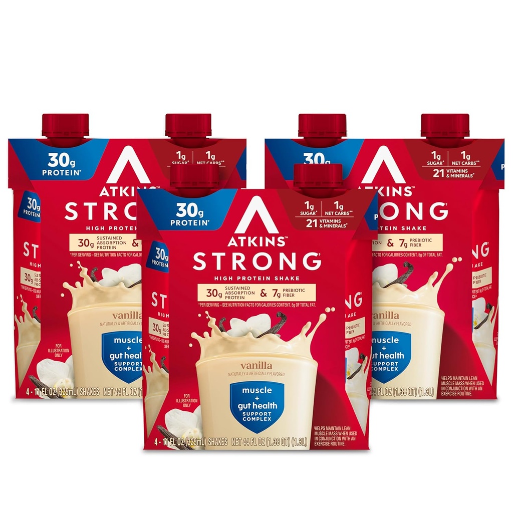 Atkins Strong High Protein Shake, Vanilla Flavored, 30g Protein, Low Carb and Low Sugar Shake, Keto Friendly, Gluten Free, Muscle and Gut Health Support Complex, 12 Count