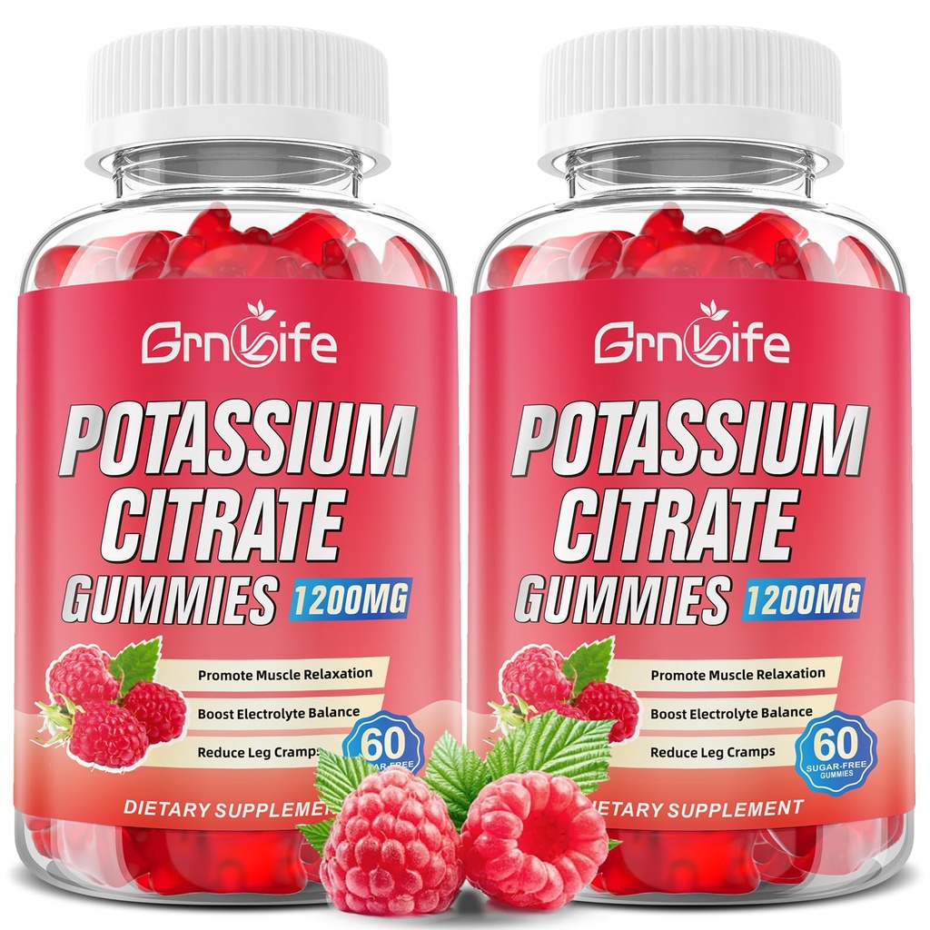 2 Pack Gommies de Citrate de Potassium, supplément de Potassium élevé Gommies 1200mg Support Crampes de jambe et santé musculaire, Gommies de Potassium pour adultes et enfants, végétalien, framboise parfum 120 Comte