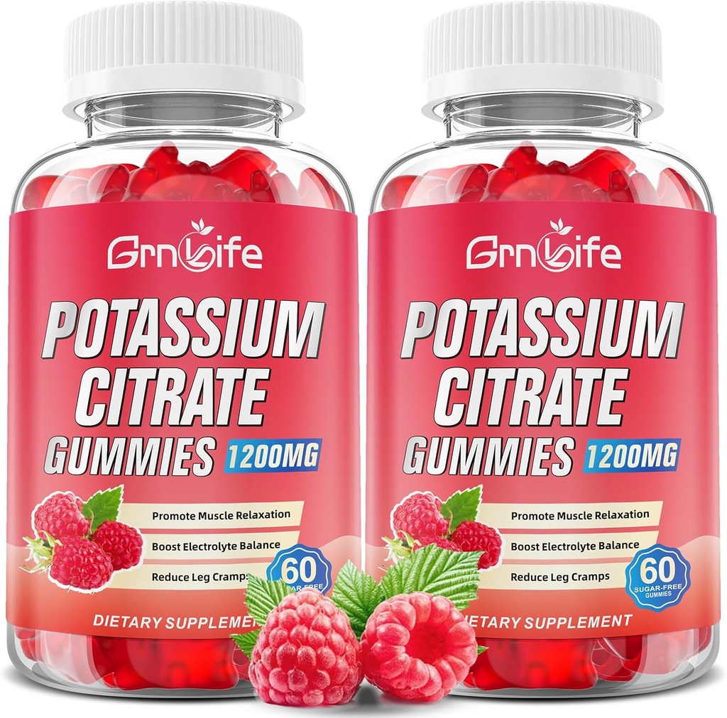 2 Pack Gommies de Citrate de Potassium, supplément de Potassium élevé Gommies 1200mg Support Crampes de jambe et santé musculaire, Gommies de Potassium pour adultes et enfants, végétalien, framboise parfum 120 Comte