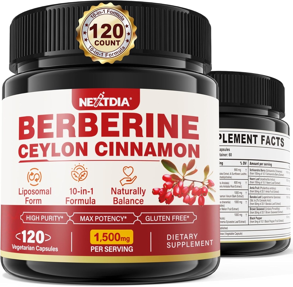 Supplément berbère biologique 1500mg avec Ceylan Cinnamon Bitter Melon, Liposomale Berberine HCL Complex Suppléments, Imune & Soutien digestif - Non-OGM, Organic, Vegan Berberine Capsules 120Cts