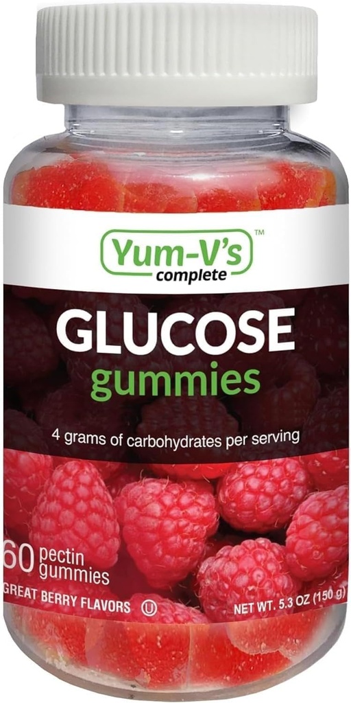 Gummes de glucose YUM-V – Gummes à croquer Glucose à action rapide – Grande dégustation – sans gluten, végétalien, non OGM – Arôme naturel des baies – 60 Gummes à croquer pour adultes et enfants