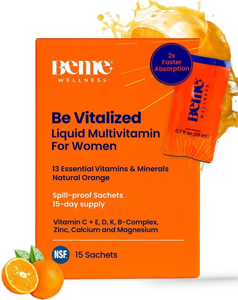 Multivitamines liquides BeMe pour femmes - Système avancé de livraison de liquides avec 13 vitamines et 4 minéraux - Sachets de thé et de go, non-OGM, Arôme orange (15 sachets)