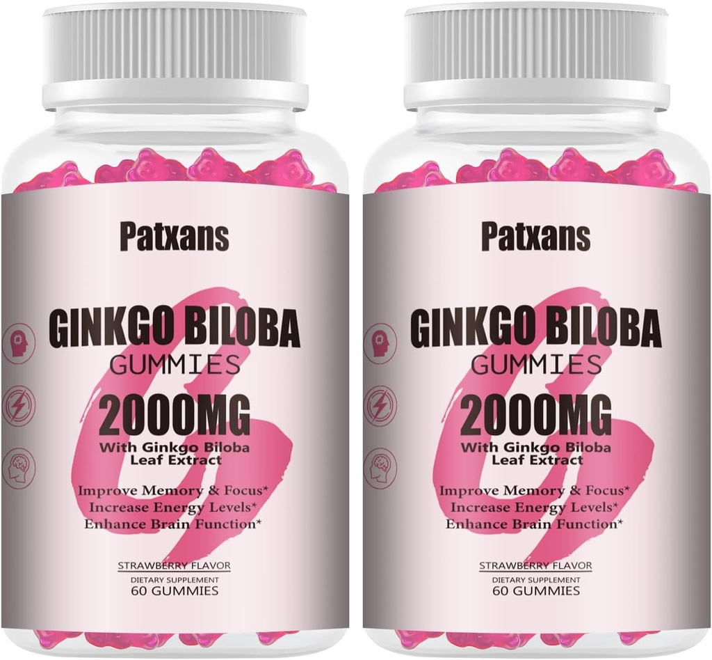 2 Packs 2000mg Ginkgo Biloba Gummies - Suppléments Ginkgo Biloba pour le soutien de la santé du cerveau, améliorer l'humeur et la concentration, l'énergie, adulte, fraise, 120 comte