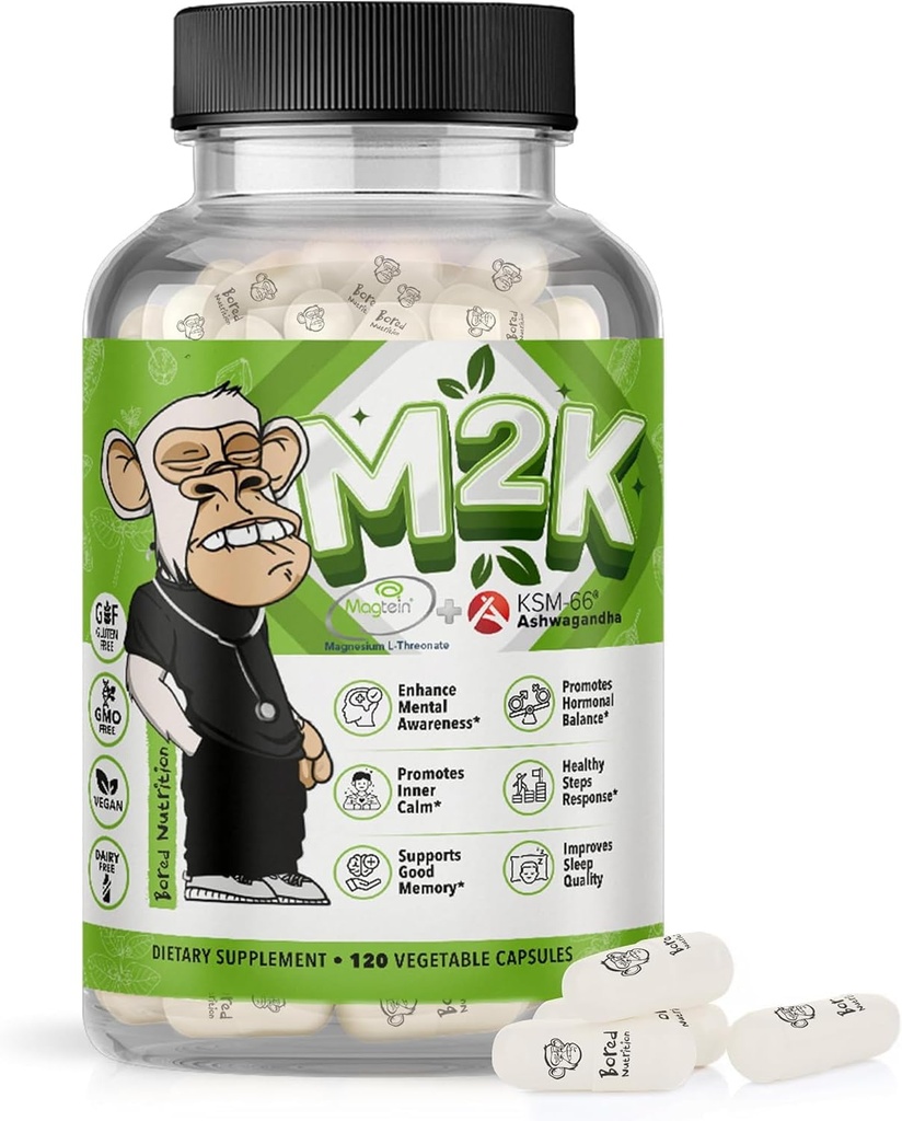 Nutrition borée M2K: Magtéine Magnésium L-thréonate et supplément Ashwagandha - 1500mg Magtéine, 300mg KSM-66, Plus 200mg Magnésium