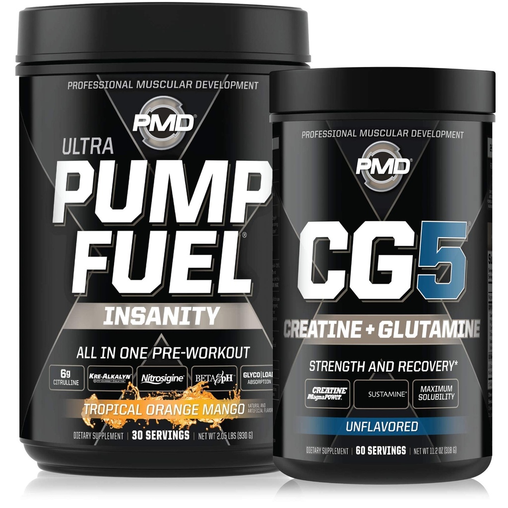 PMD Sports Ultra Pump Fuel Insanity - Préentraînement - Tropical Orange Mango (30 portions) Sports CG5 Premium Créatine et L-Glutamine en poudre (60 portions)