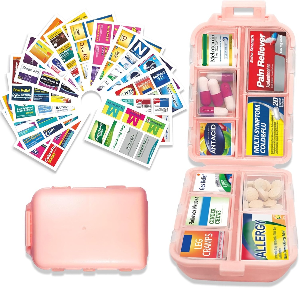 Pill Organizer with Medicine Labels 146 Labels Travel Daily Pill Container Mini Medicament Organizer Storage Pill Organizer Travel Essentials Pill Case 7 Day (Pink, 1 Pack(Grand))