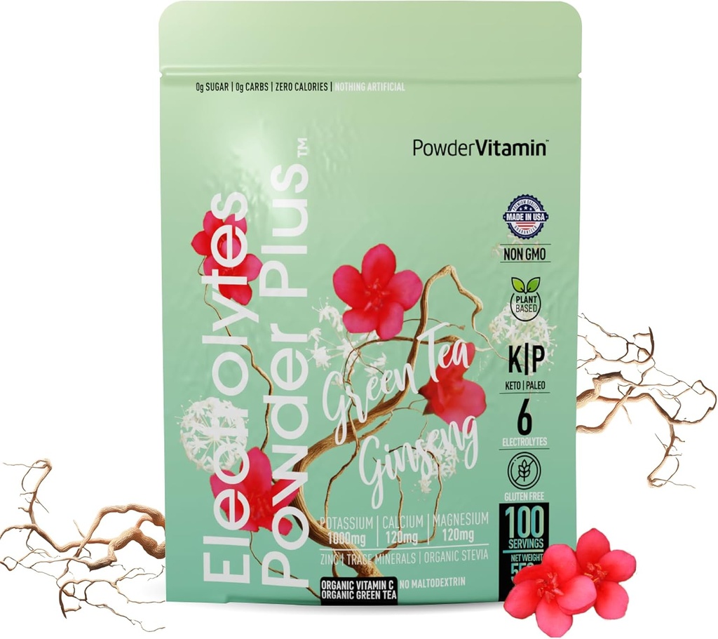 PoudreVitamine Electrolytes Poudre Plus (100 portions) Thé Vert Ginseng Electrolyte Poudre Keto, Sans sucre, Sel Himalayen Rose,1000mg Potassium,150mg Calcium,150mg Magnésium, Poudre d'hydratation