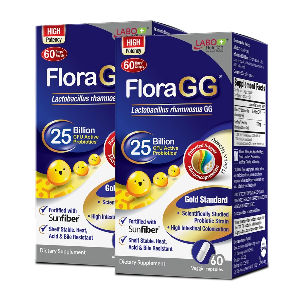 LABO Nutrition FloraGG, Lactobacillus Rhamnosus GG 25 Million CFU Probiotiques actifs et supplément de fibre de soleil prébiotique, soutenir la santé intestinale, la santé immunitaire retardé la libération et sans gluten 60sx2